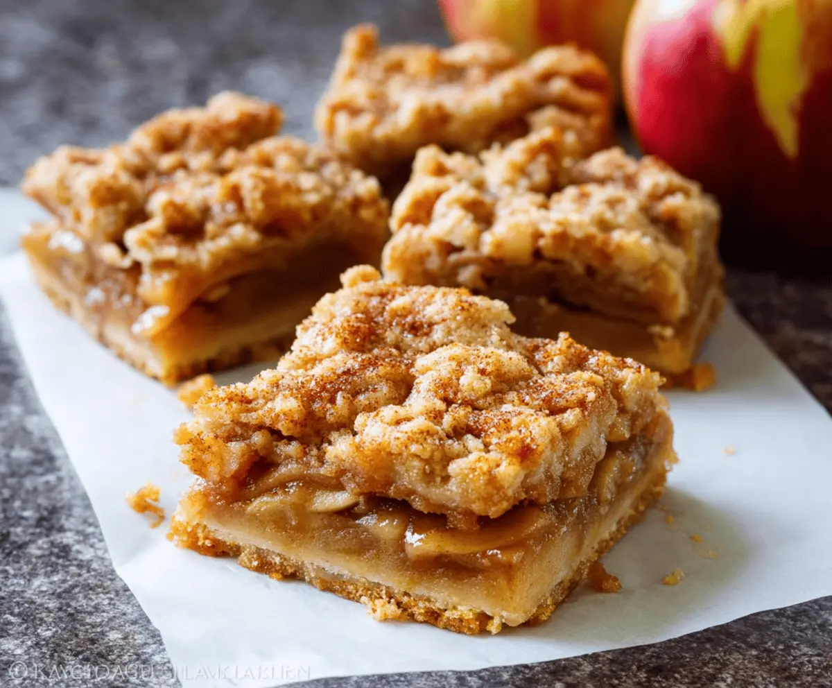 Delicious homemade apple pie bars with golden crust, spiced apple filling, and a dusting of powdered sugar on top.