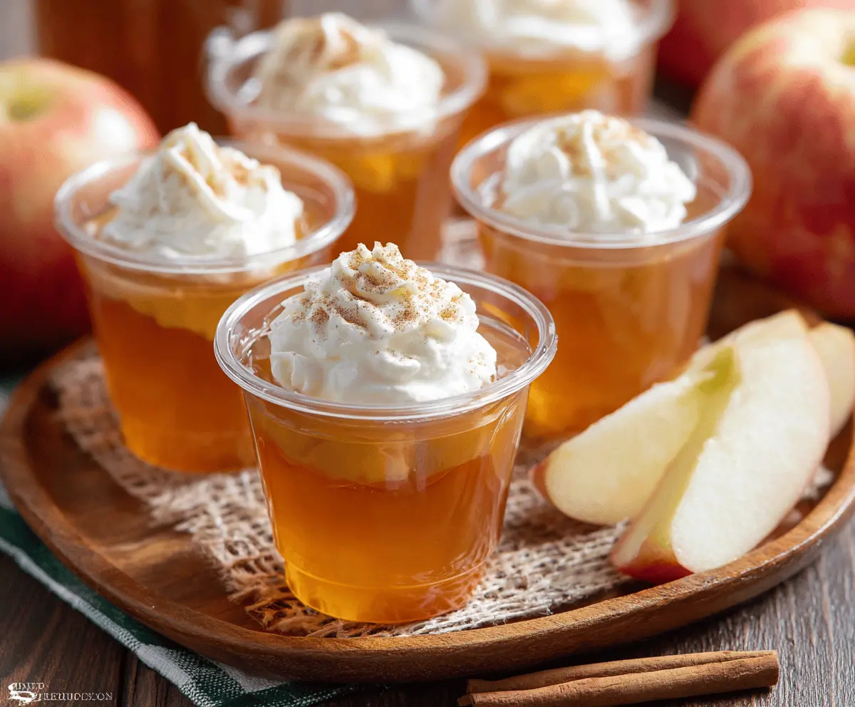 Delicious Apple Pie Jello Shots in clear cups showcasing a festive dessert with apple slices and cinnamon topping.