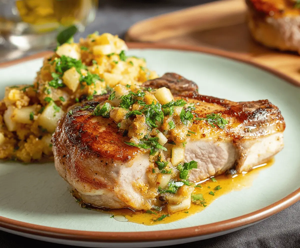 Juicy pork chops stuffed with fresh apple slices and herbs, served on a plate for a delicious Apple Stuffed Pork Chops recipe.