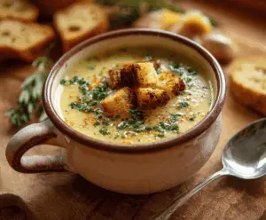 Creamy authentic Italian garlic soup garnished with fresh herbs and served in a rustic bowl, perfect for garlic lovers