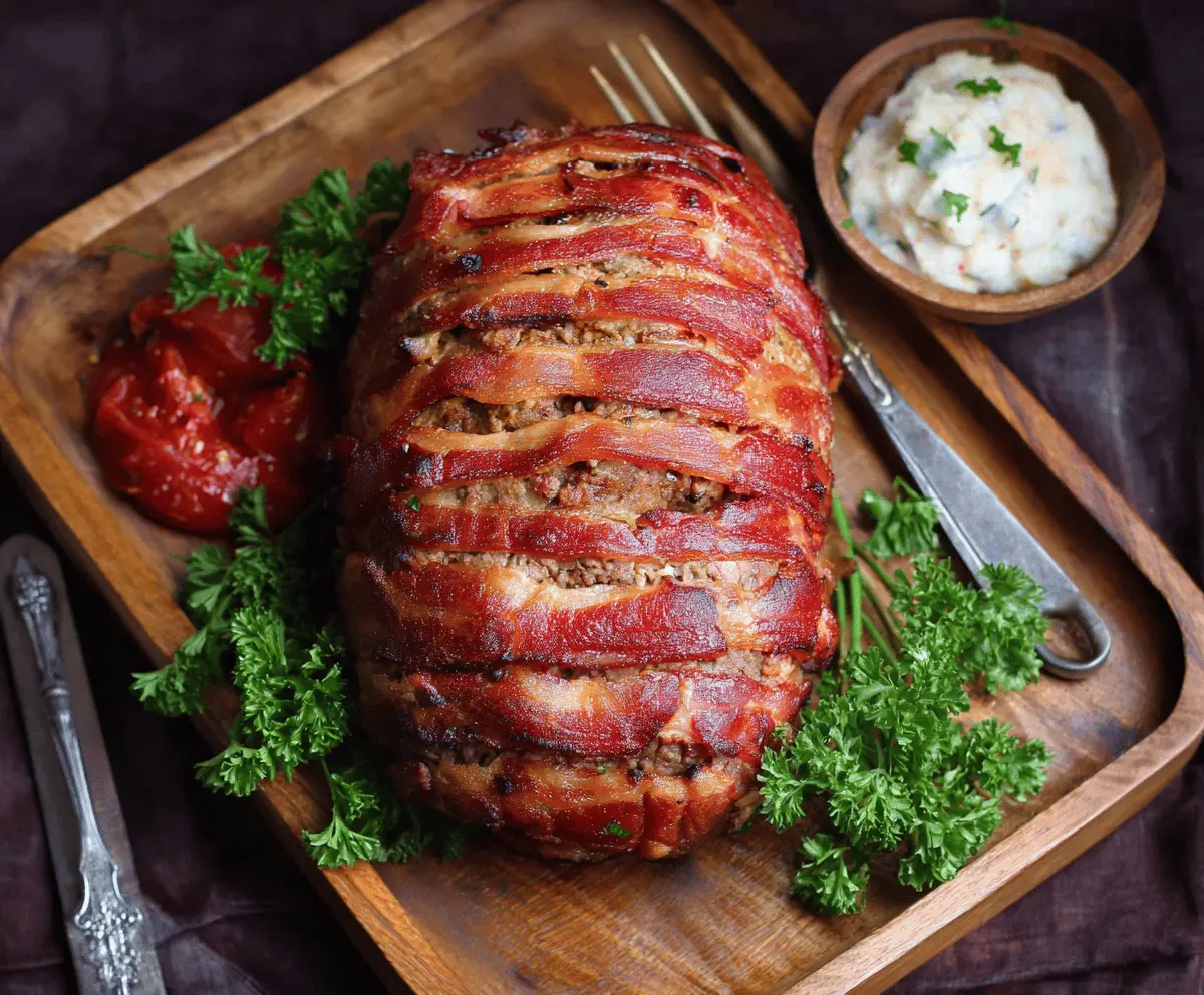 Delicious bacon-wrapped meatloaf garnished with herbs on a rustic serving plate