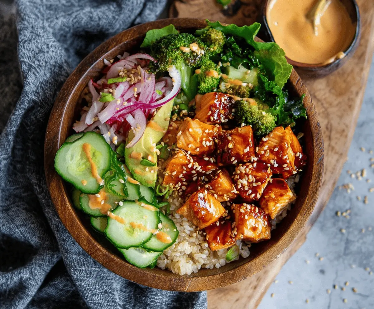 Delicious Bang Bang Salmon Bite Bowls with crispy salmon bites, creamy sauce, and fresh garnishes on a white plate
