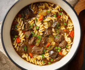 Hearty beef stew with tender chunks of beef, vegetables, and noodles served in a rustic bowl