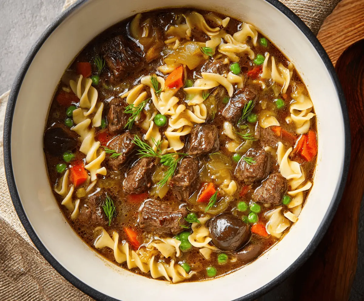 Hearty beef stew with tender chunks of beef, vegetables, and noodles served in a rustic bowl