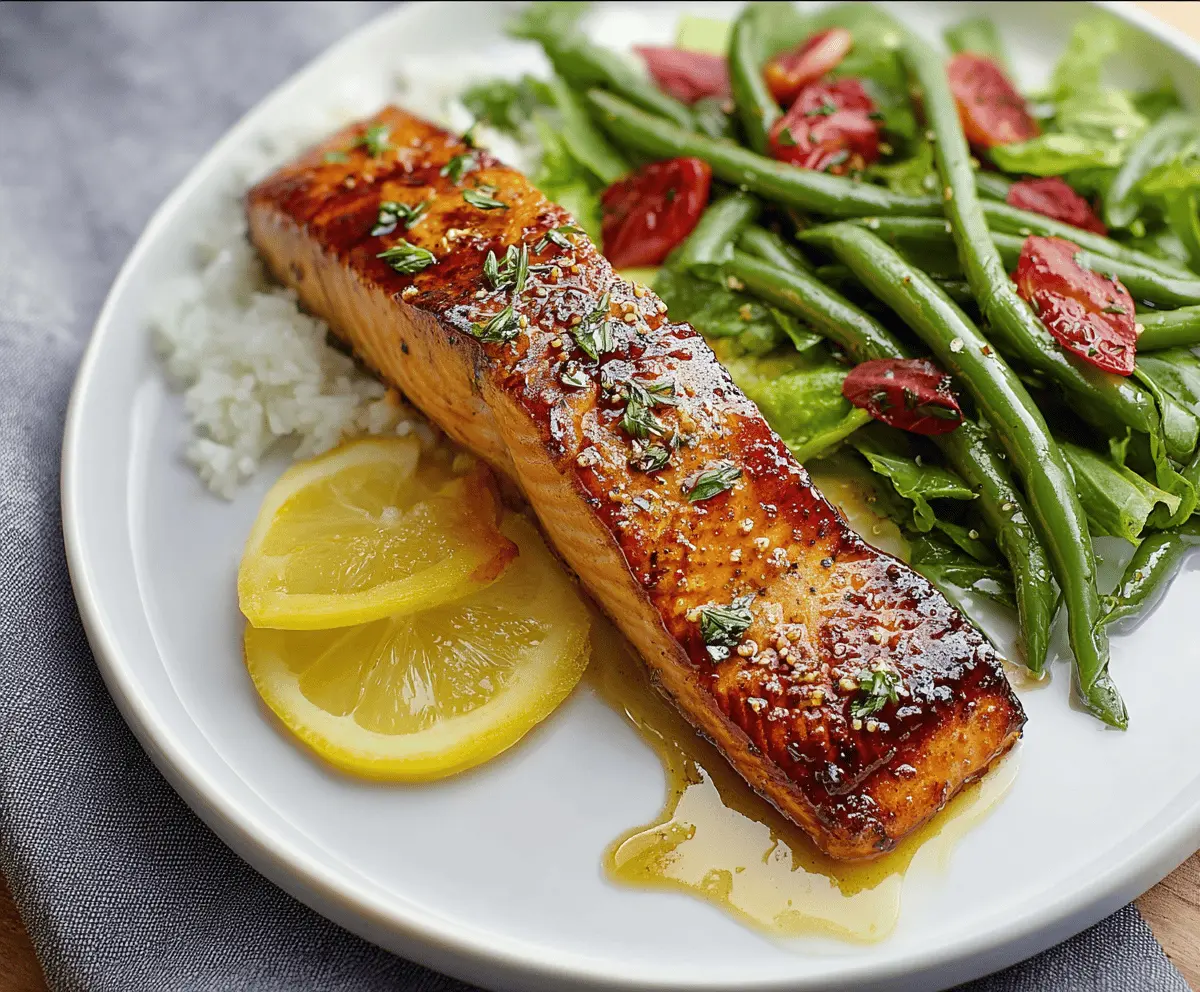 Delicious baked salmon fillet glazed with rich brown sugar and honey, garnished with fresh herbs on a white plate