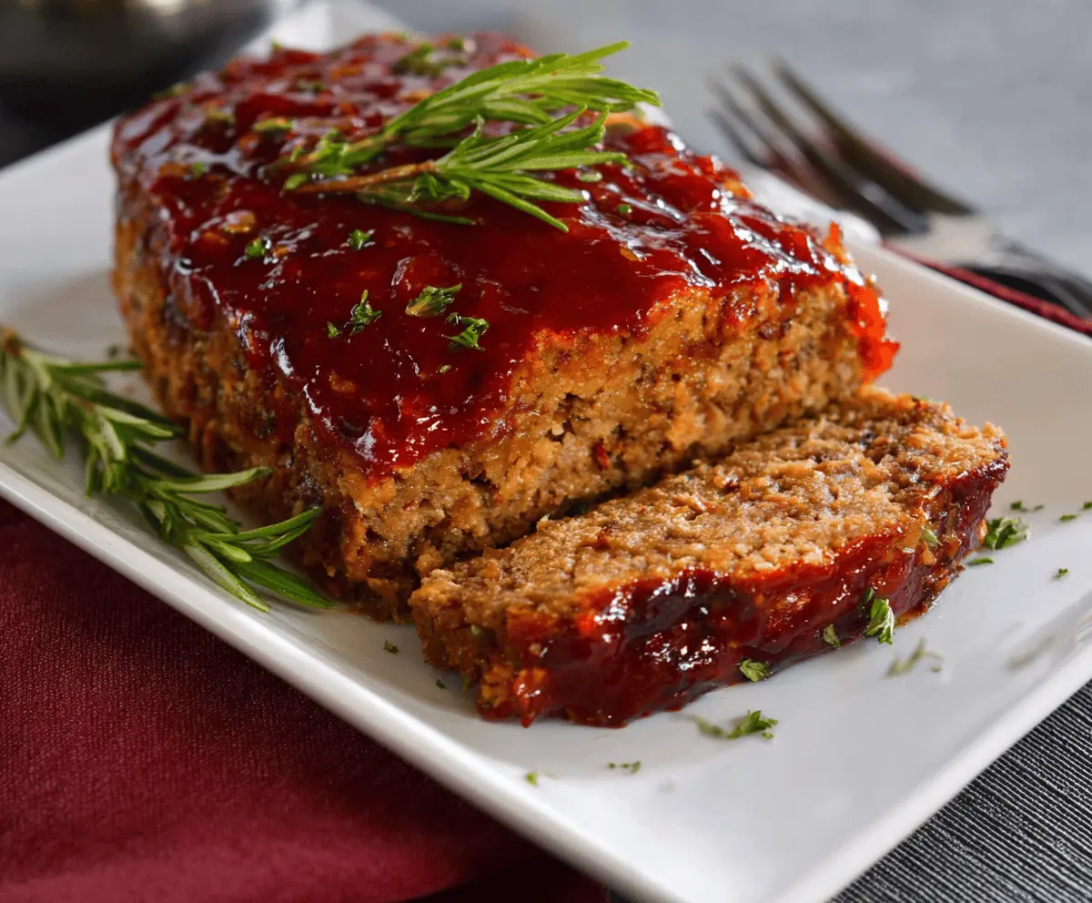 Juicy meatloaf glazed with brown sugar and ketchup topped with fresh herbs, ready to serve