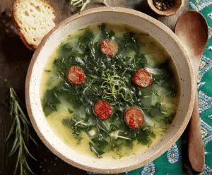A steaming bowl of Caldo Verde soup featuring shredded kale, chorizo slices, potatoes, and a slice of crusty bread on the side, served in a rustic bowl.