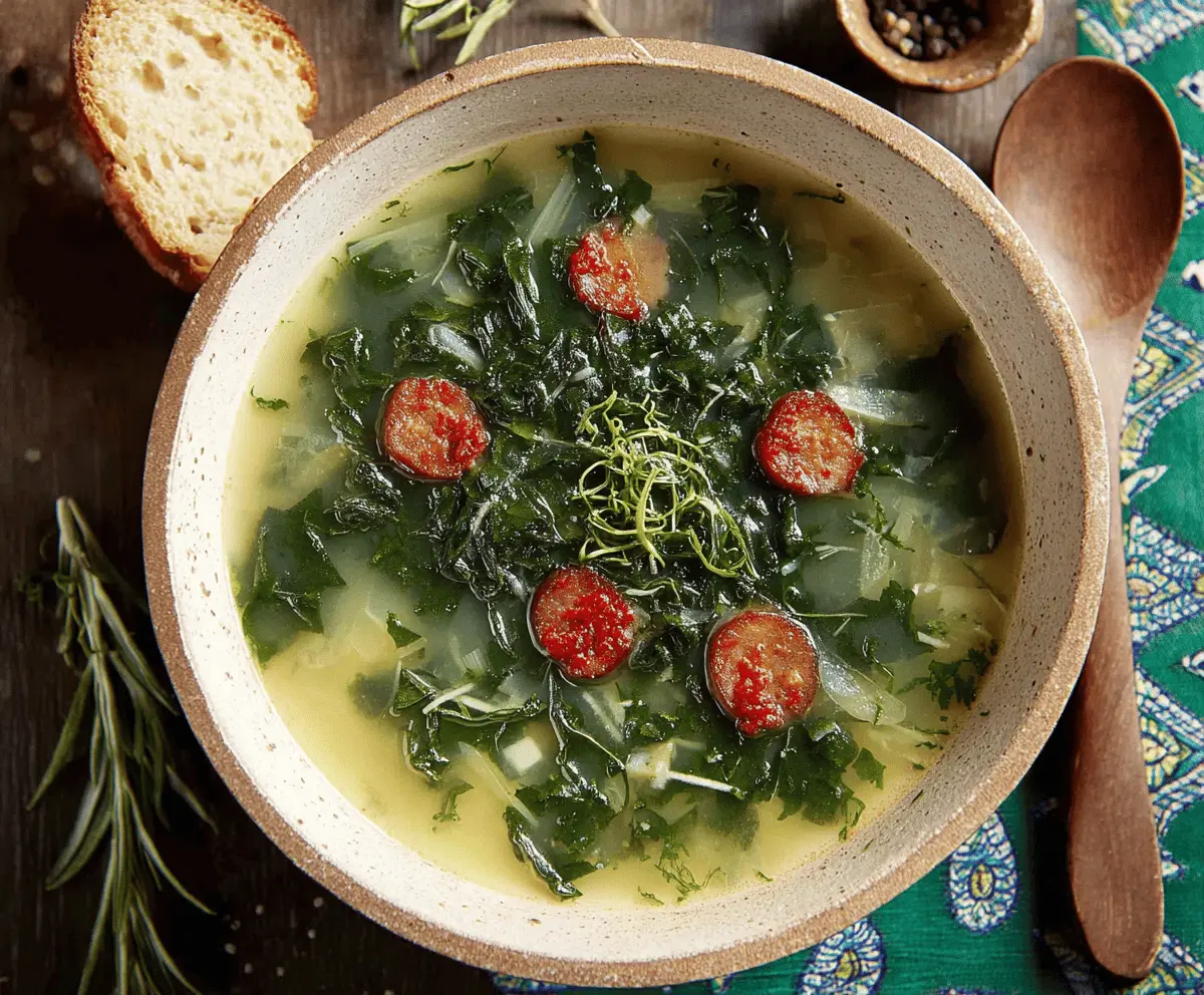 A steaming bowl of Caldo Verde soup featuring shredded kale, chorizo slices, potatoes, and a slice of crusty bread on the side, served in a rustic bowl.
