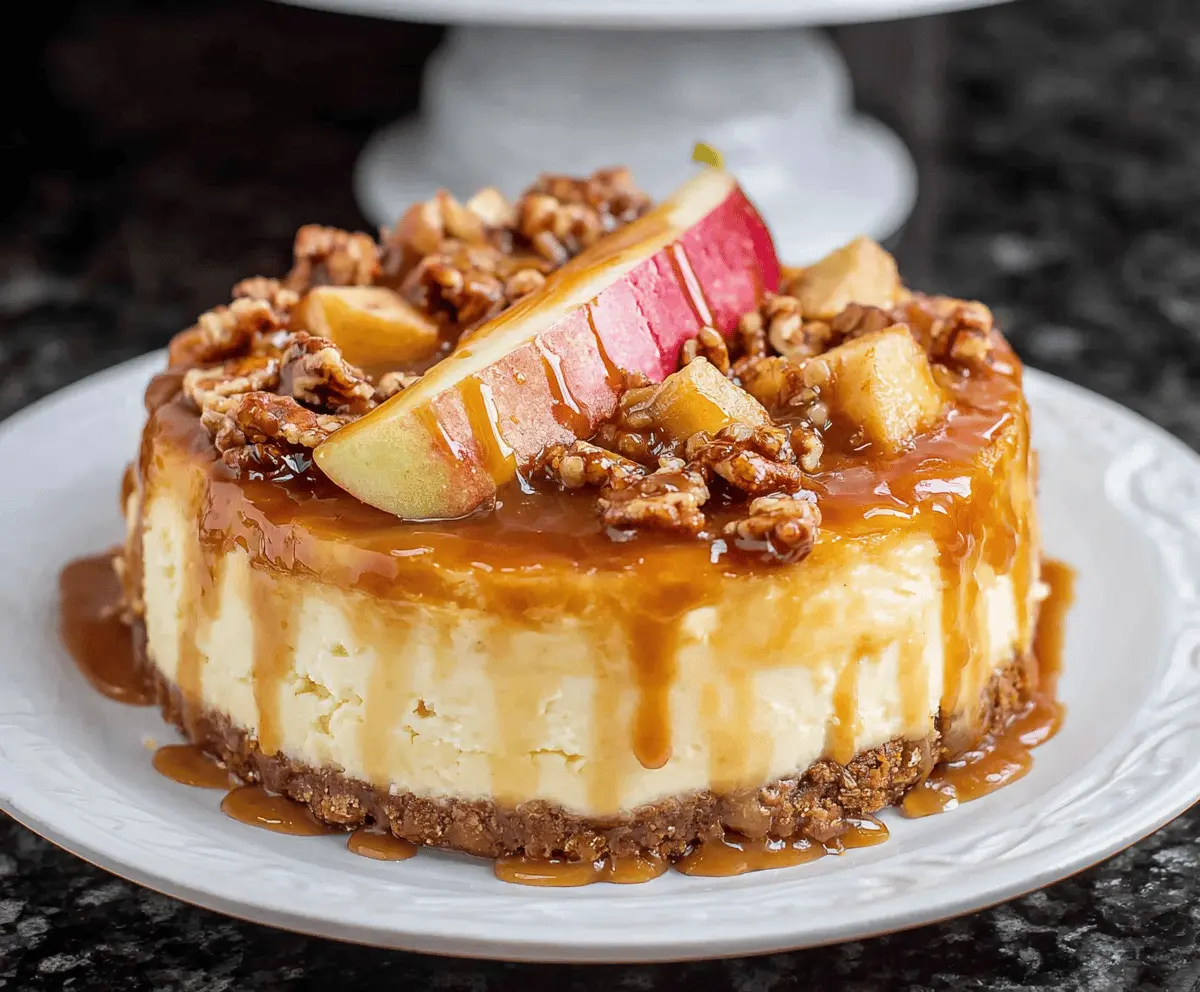 Delicious caramel apple cheesecake topped with caramel sauce and apple slices, perfect for fall desserts.