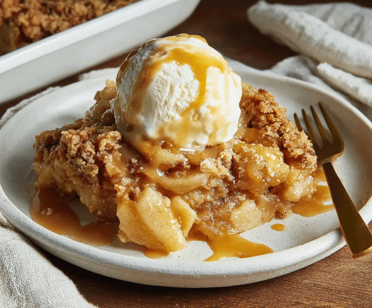 Delicious caramel apple dump cake with golden crust and gooey caramel topping, perfect for fall desserts.