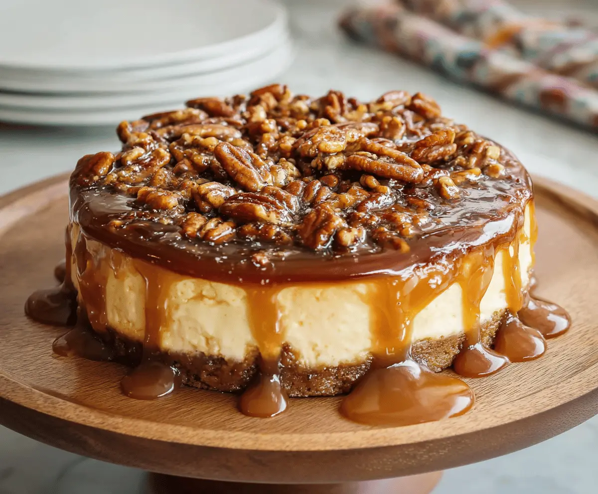 Delicious caramel pecan cheesecake topped with caramel drizzle and toasted pecans on a white plate, perfect for dessert.