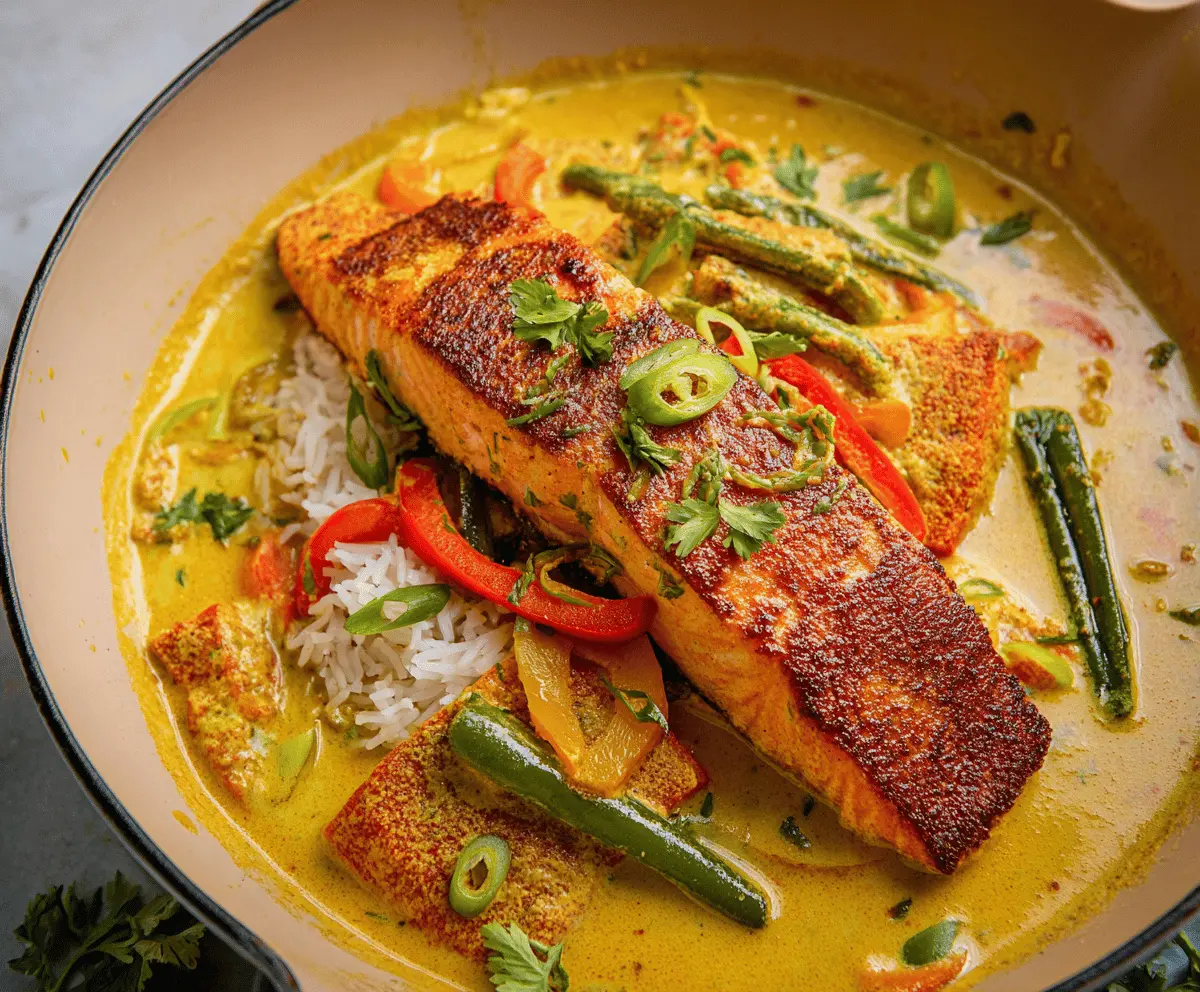 Delicious Caribbean Coconut Curry Salmon served with colorful vegetables and rice, garnished with fresh herbs