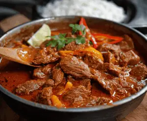 Savory Carne Guisada with tender beef chunks, tomatoes, and spices served in a flavorful sauce, perfect for a comforting Latin American meal.