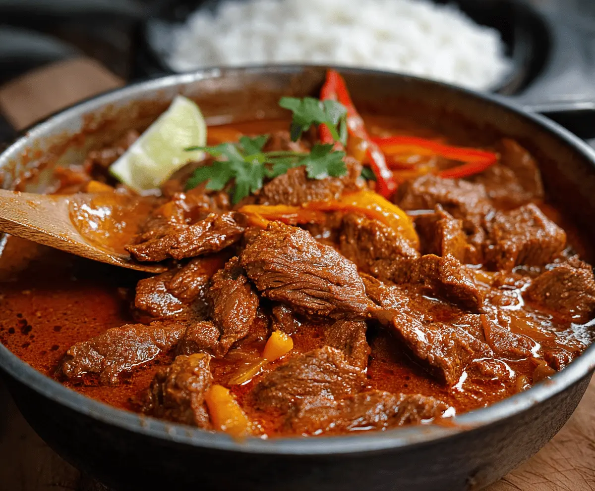 Savory Carne Guisada with tender beef chunks, tomatoes, and spices served in a flavorful sauce, perfect for a comforting Latin American meal.