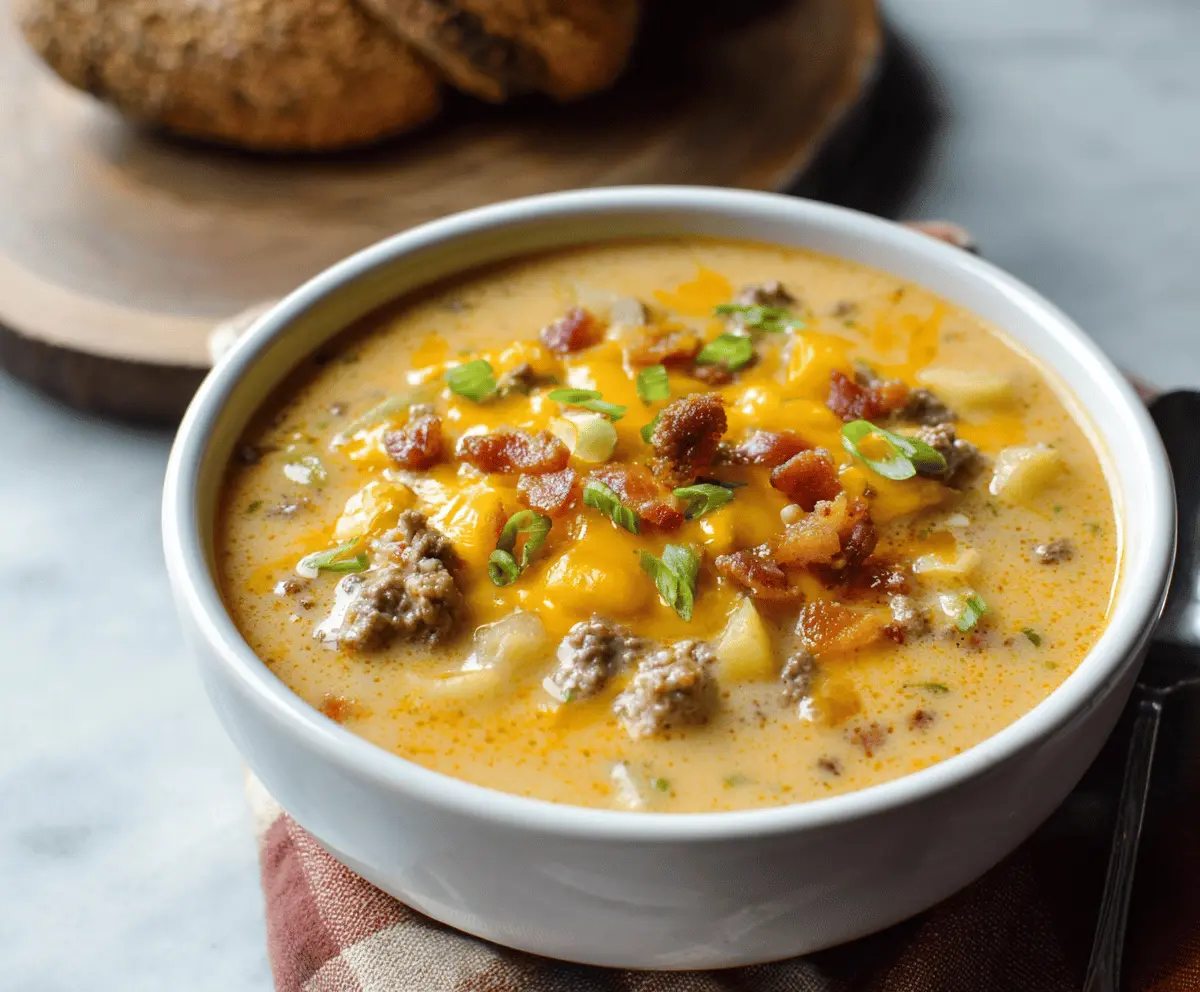 Creamy cheeseburger soup with melted cheese, ground beef, diced vegetables, and garnished with fresh herbs in a bowl