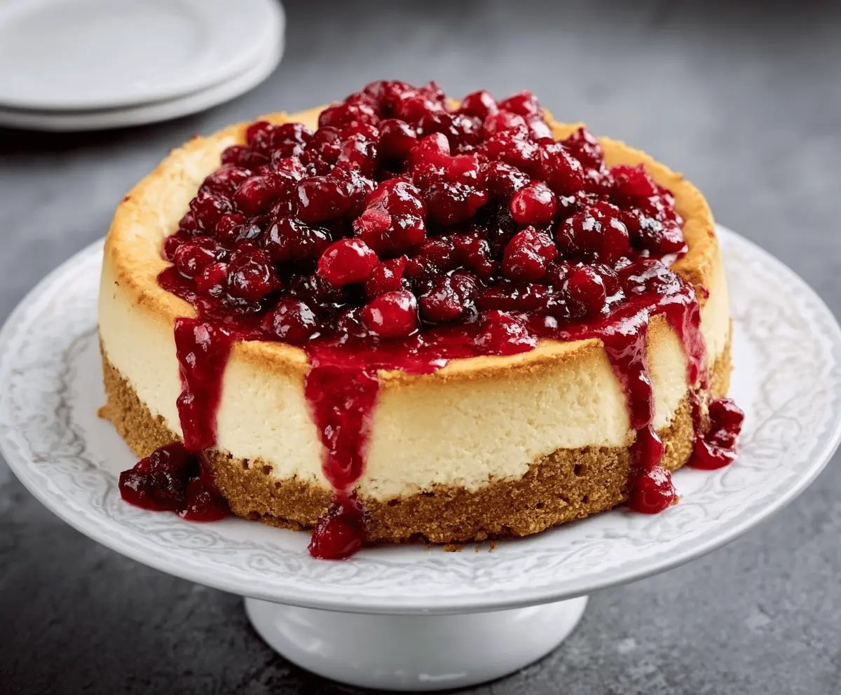 Delicious creamy cheesecake topped with vibrant cranberry sauce, served on a white plate for a festive dessert