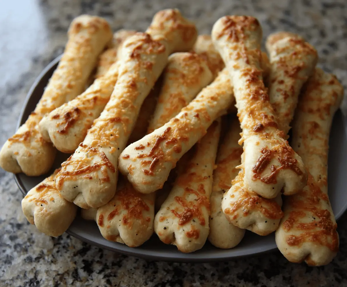 Delicious cheesy Halloween breadstick bones with gooey melted cheese and spooky presentation, perfect for a festive party appetizer.