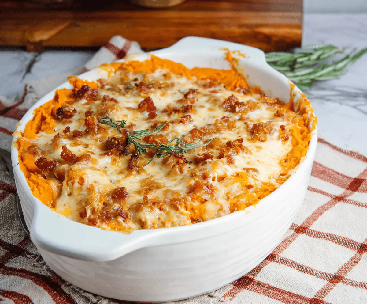 Delicious cheesy sweet potato casserole topped with melted cheese and crispy crumbs, ready to serve as a flavorful holiday side dish.