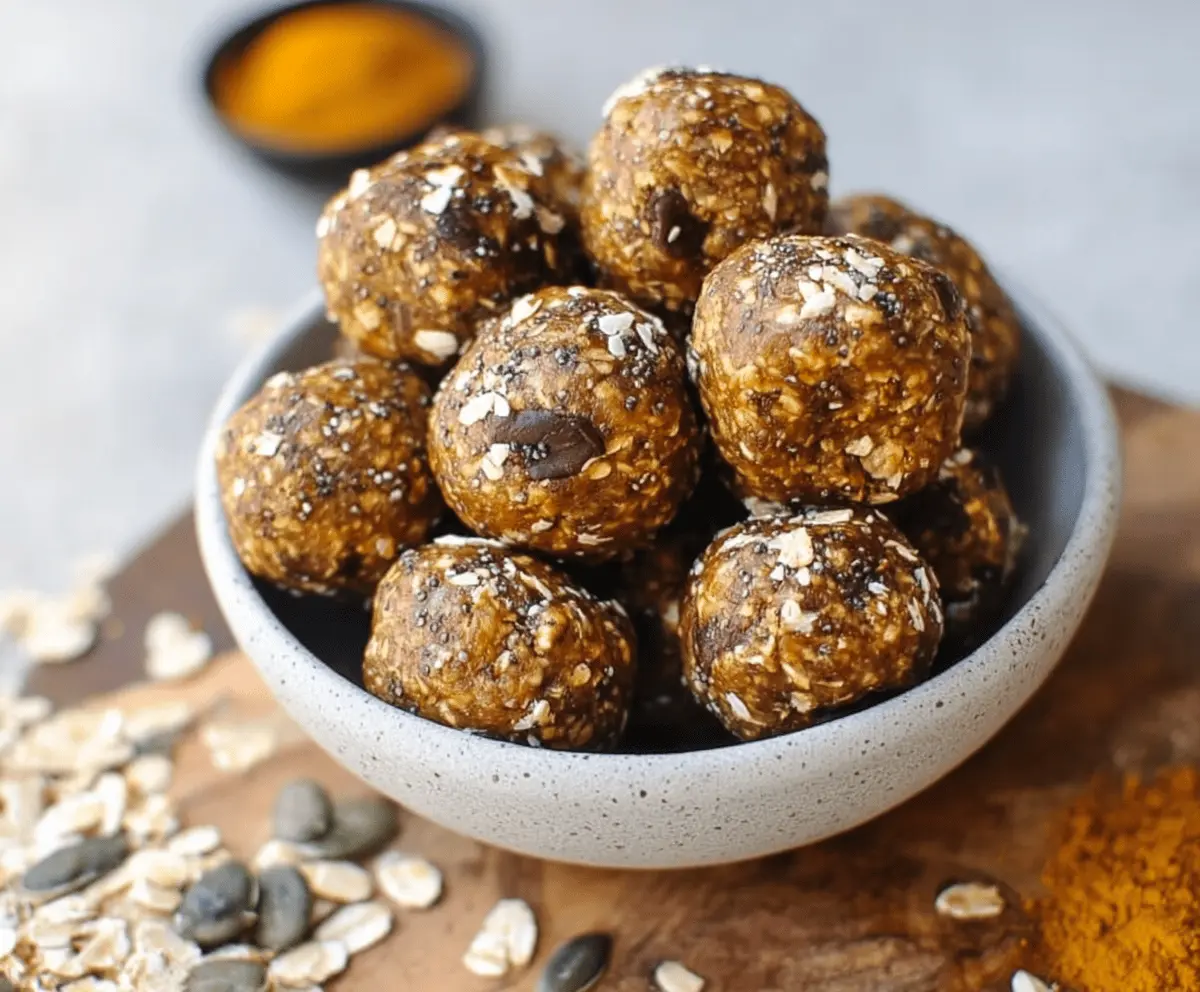 Delicious homemade chia pumpkin protein balls on a white plate, featuring chia seeds, pumpkin puree, oats, and honey for a healthy snack
