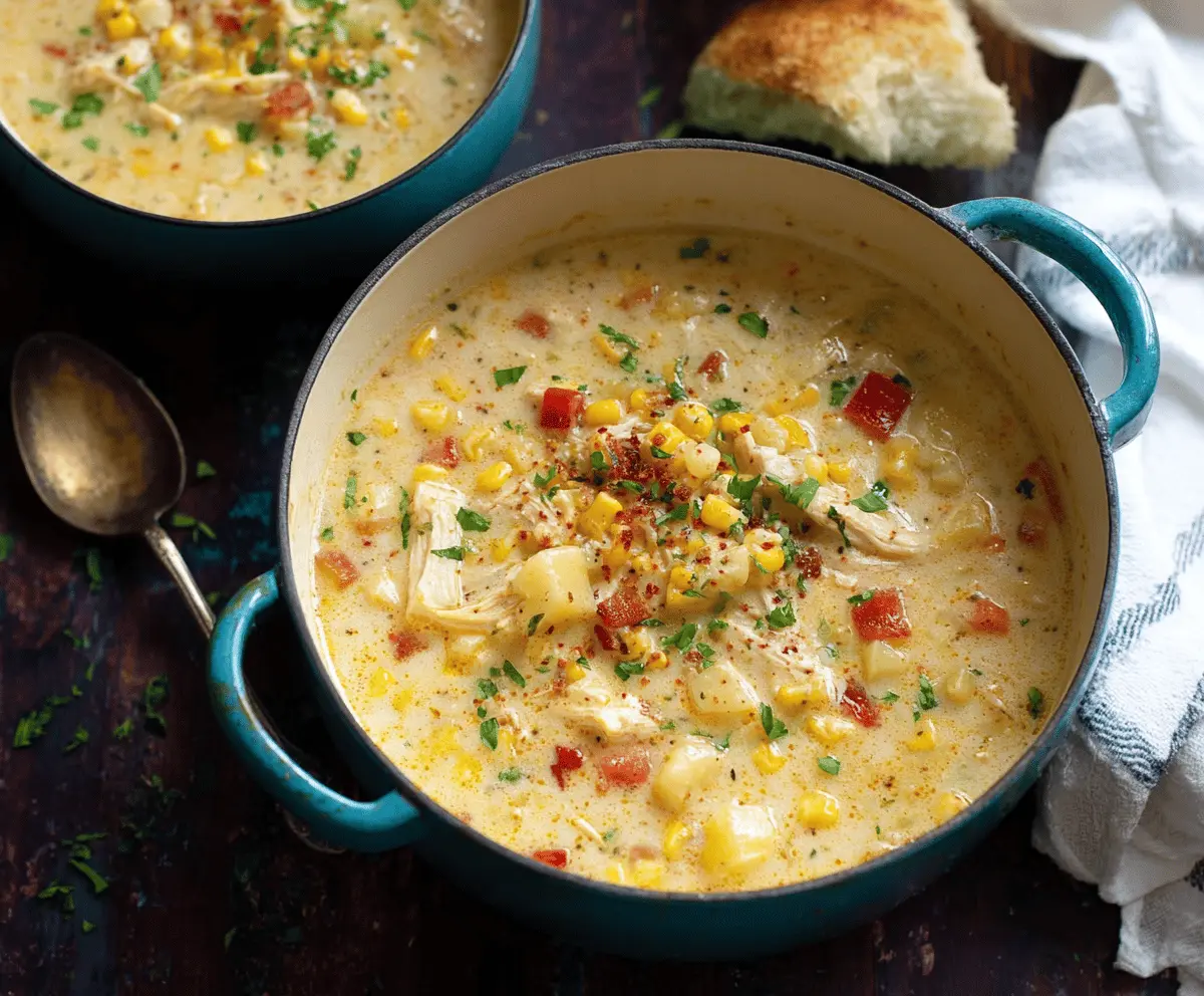 Creamy chicken corn chowder in a bowl topped with fresh herbs and served with bread, perfect for a comforting meal.