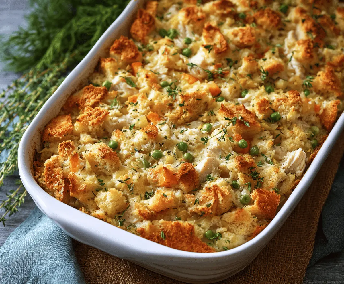 Delicious Chicken & Stuffing Casserole topped with golden brown breadcrumbs and savory herbs, ready to serve.