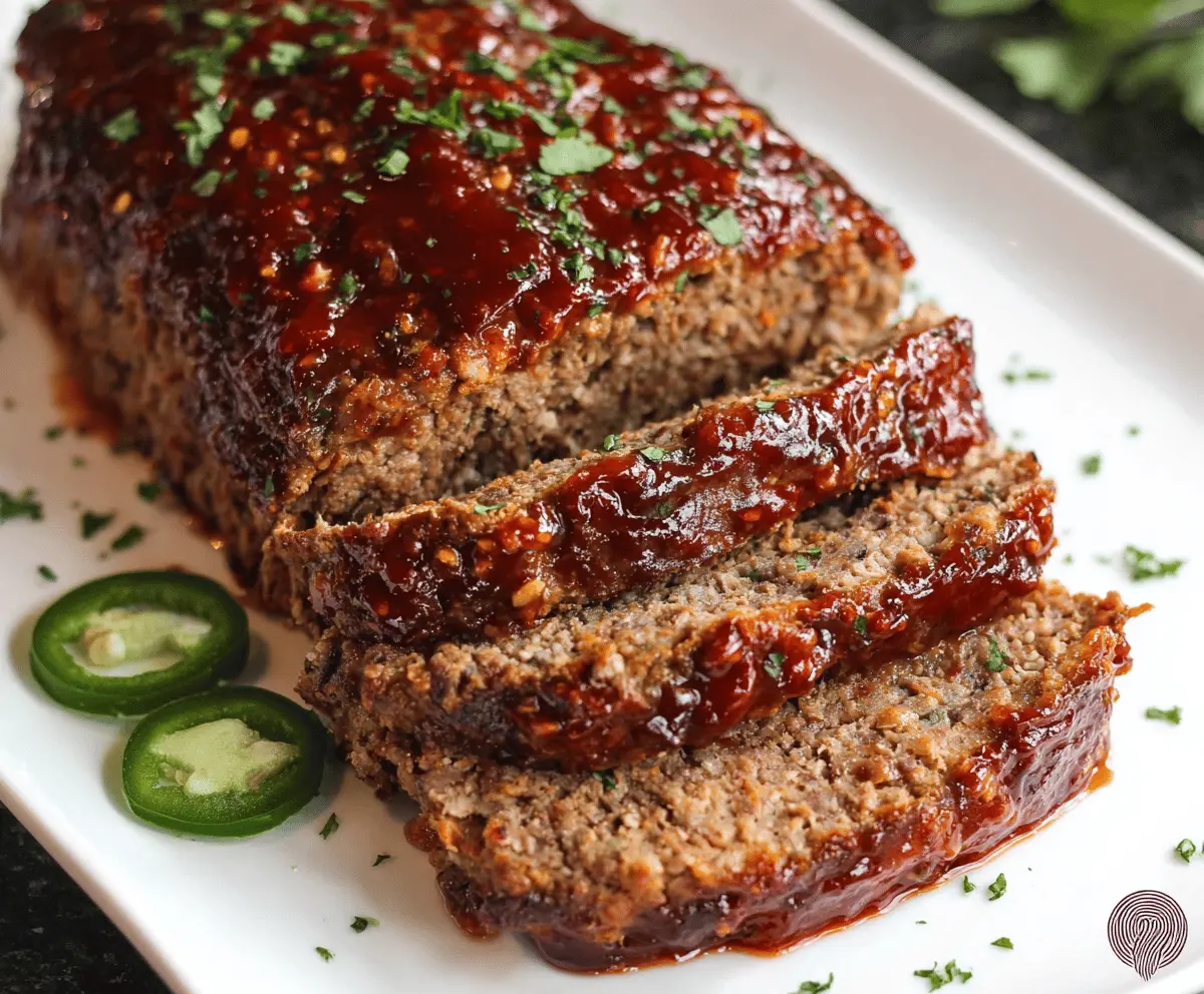 Juicy chipotle meatloaf topped with melted cheese and garnished with fresh herbs, served on a plate