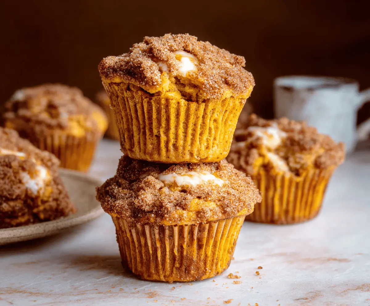 Delicious cinnamon sugar pumpkin cheesecake muffins topped with cinnamon sugar crust and creamy pumpkin filling on a baking tray