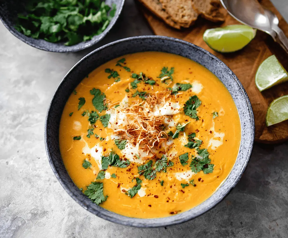 Creamy coconut curry sweet potato soup served in a bowl with fresh herbs on top.