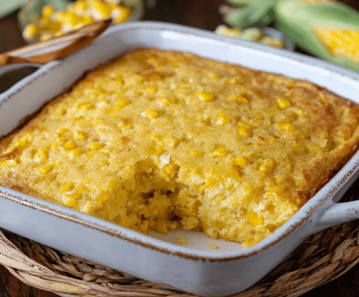 Creamy baked corn casserole topped with golden brown crust, served in a casserole dish with fresh herbs for a delicious side dish.
