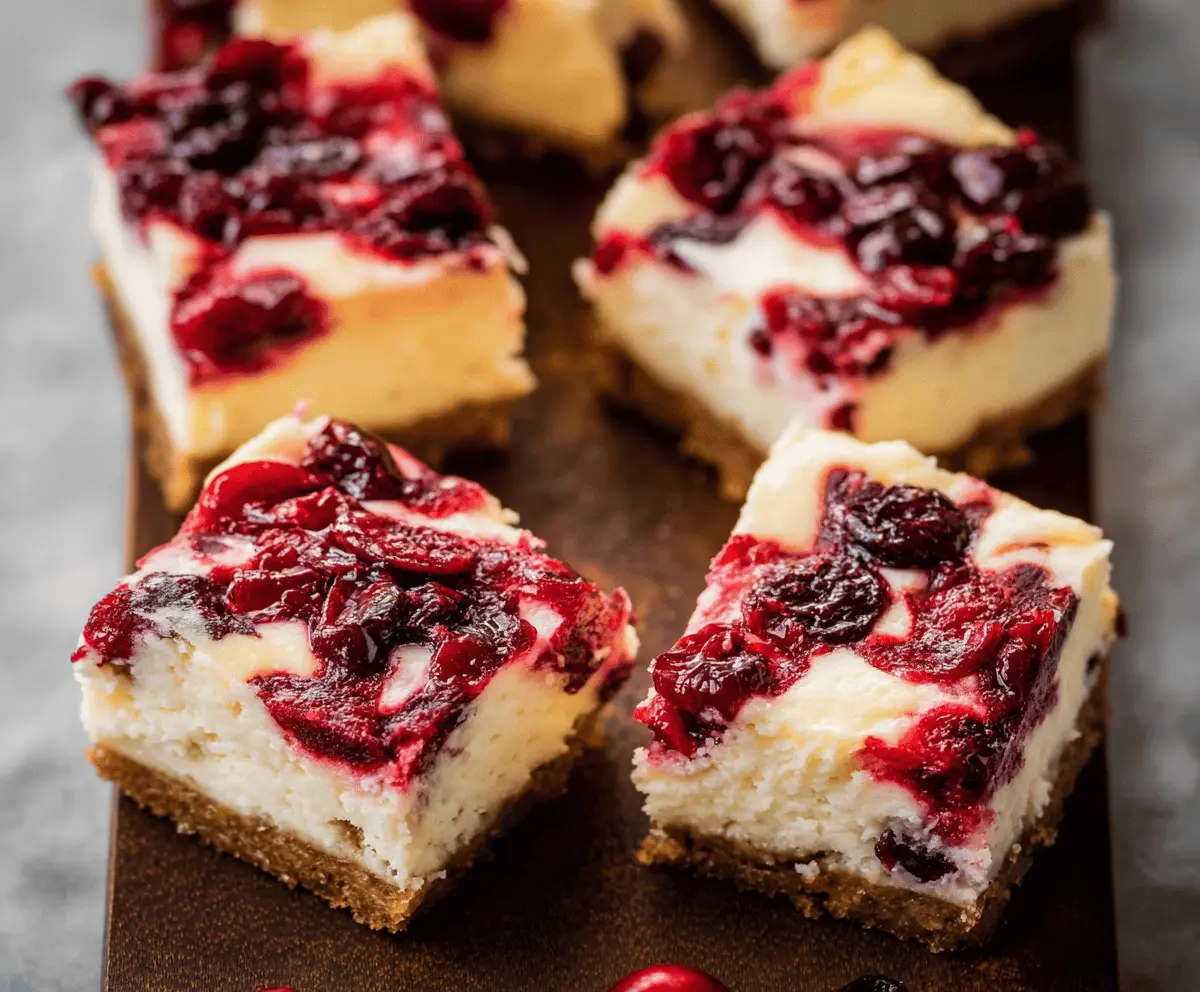 Delicious cranberry cheesecake bars with a creamy topping and a cranberry garnish on a plate ready to serve