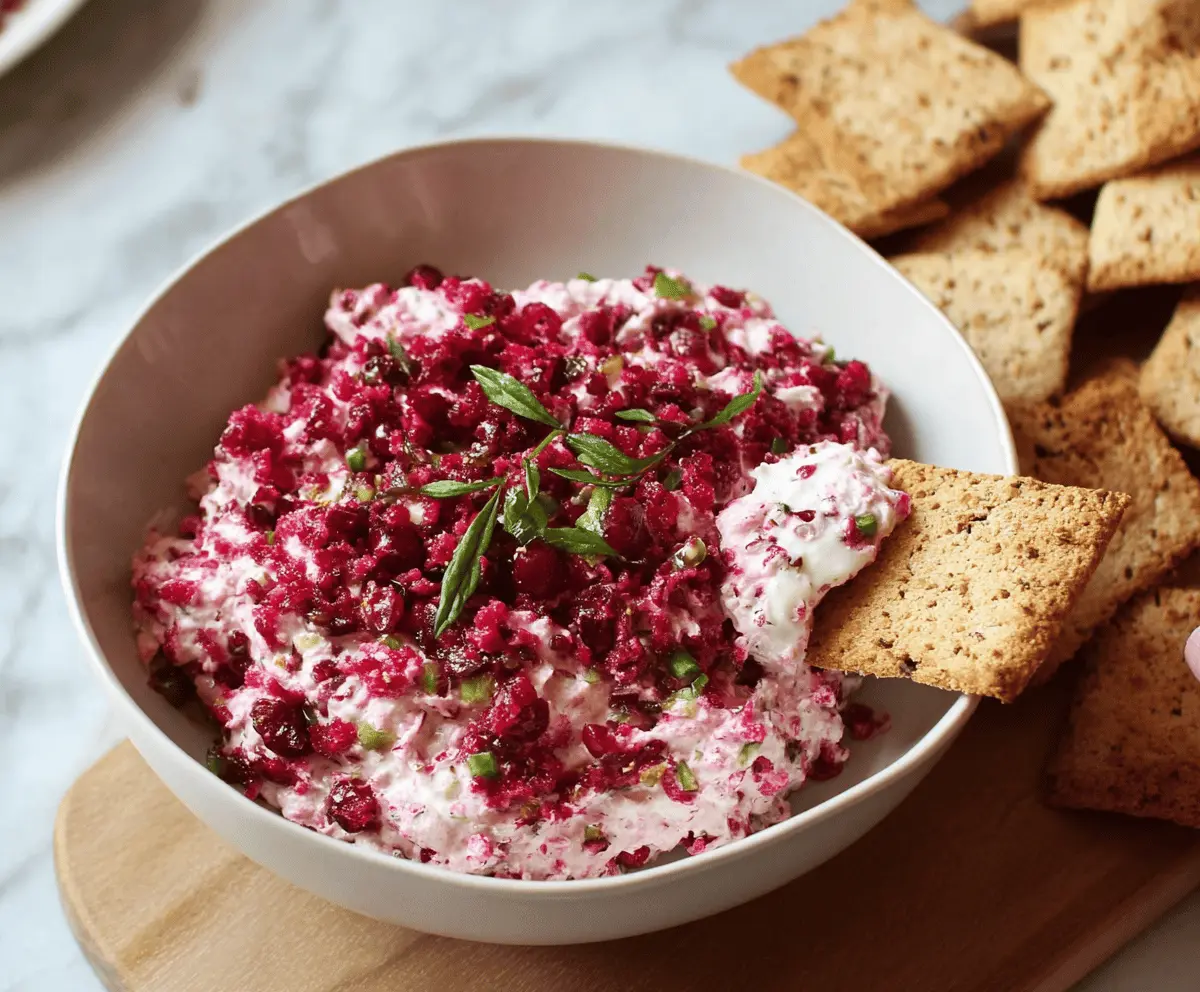 Creamy cranberry jalapeño dip garnished with fresh herbs and surrounded by tortilla chips, perfect for holiday parties and snack platters.