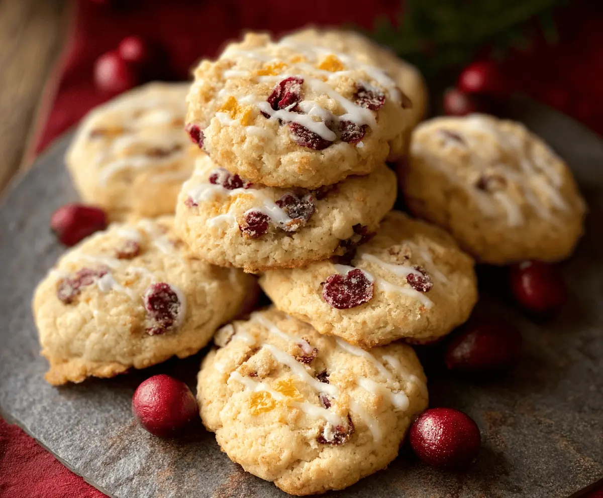 Freshly baked cranberry orange cookies with bright orange zest and tart cranberries on a rustic baking sheet, perfect for a festive treat.