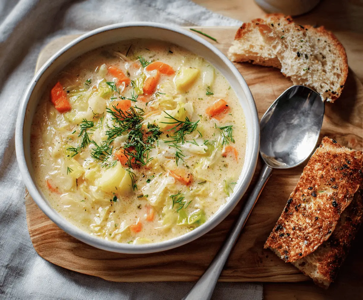 A bowl of creamy cabbage soup garnished with fresh herbs, served with crusty bread on a rustic wooden table.