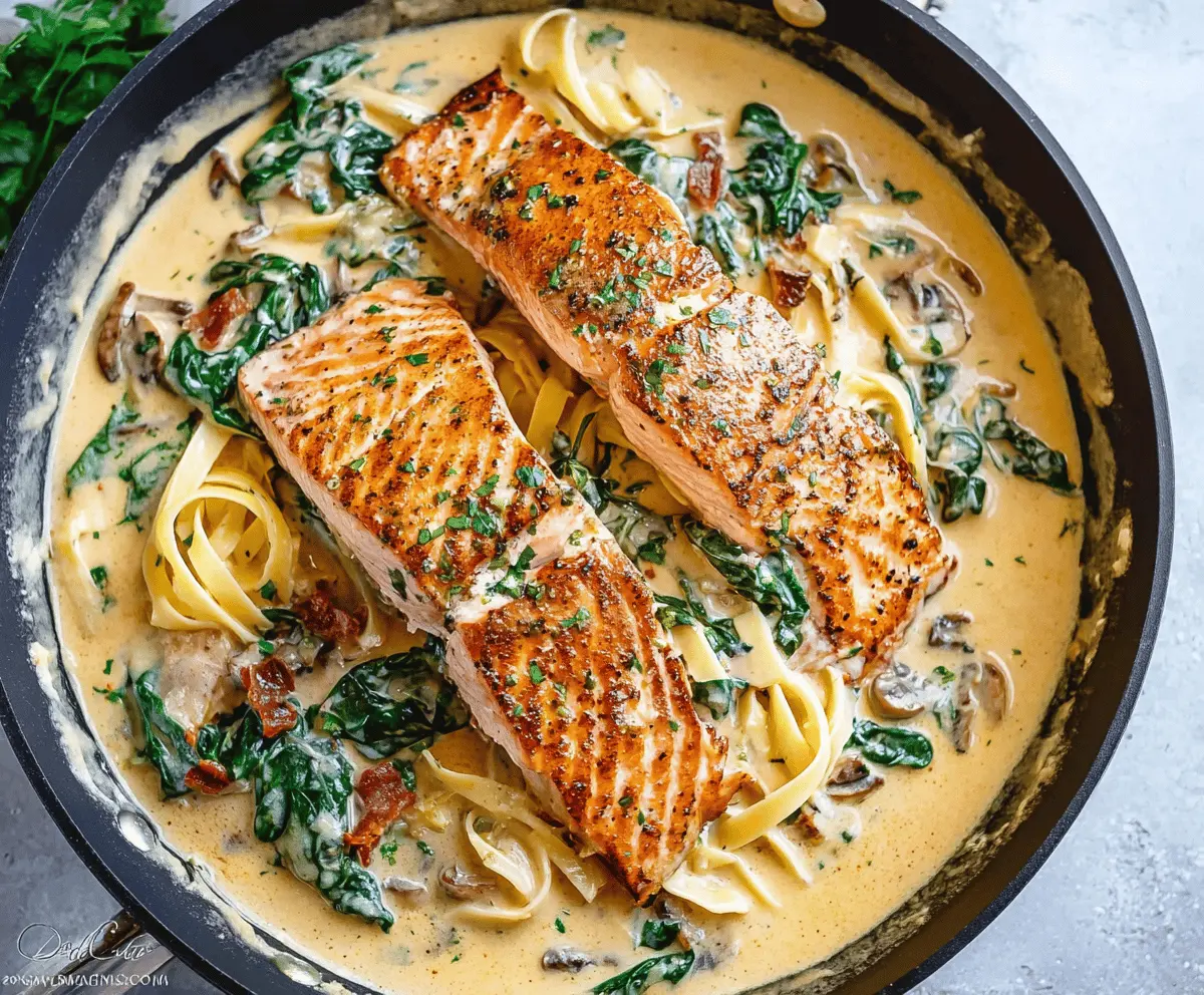 Creamy Garlic Tuscan Salmon served with fresh herbs and lemon wedges on a white plate