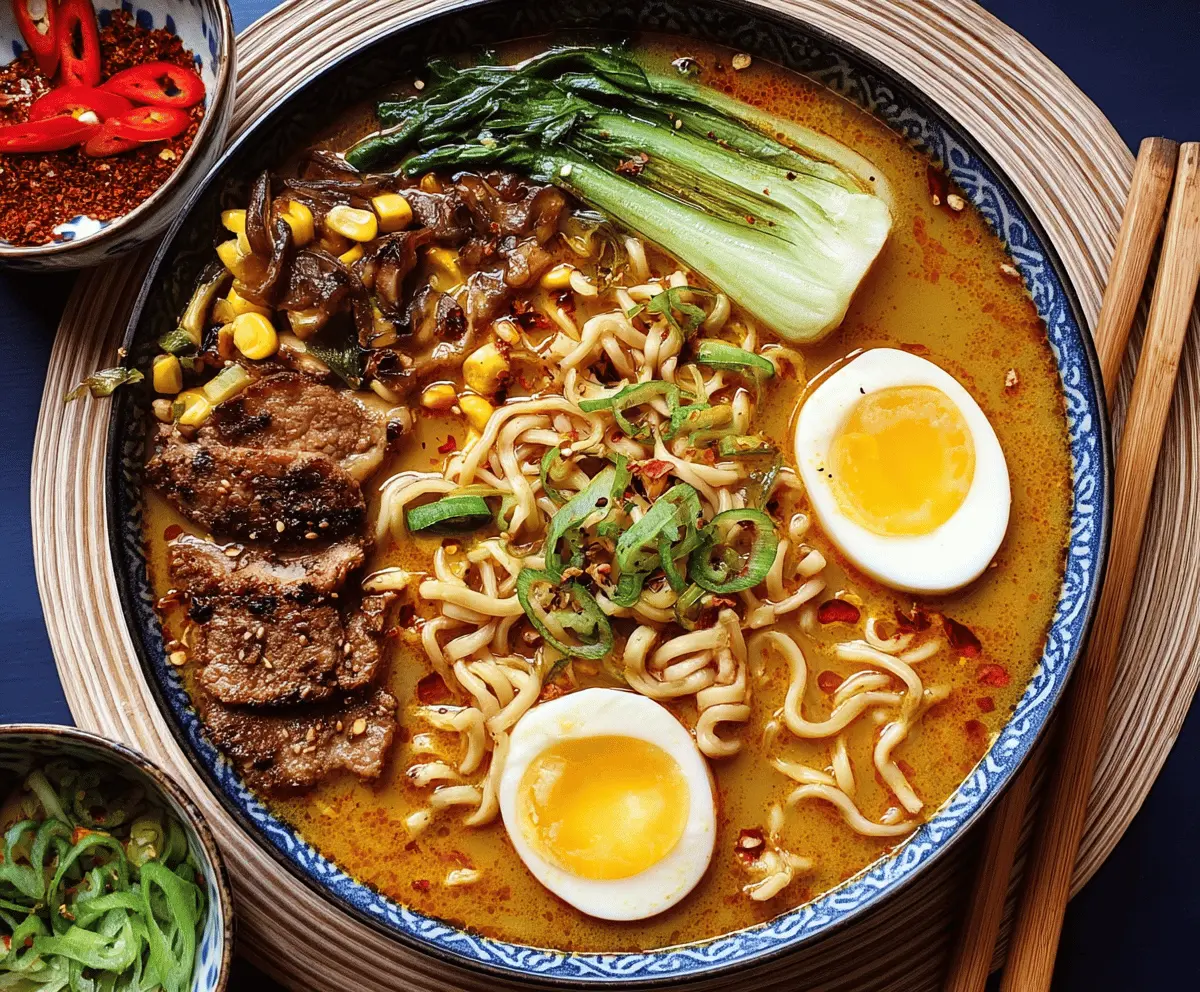 A steaming bowl of Curry Ramen Soup garnished with sliced green onions and boiled eggs, featuring rich curry broth, noodles, and vegetables for a flavorful Asian-inspired meal.