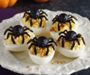 Deviled Egg Spiders: Halloween appetizer with deviled eggs topped with olive spider decorations on a spooky plate.