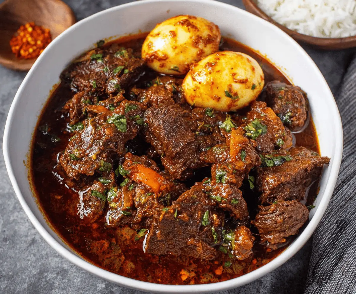 Savory Ethiopian Beef Stew served with traditional injera bread, showcasing tender beef chunks, aromatic spices, and rich tomato-based sauce.