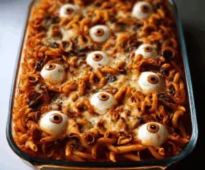A spooky Eyeball Pasta Bake featuring pasta topped with meatballs resembling eyeballs with red sauce and mozzarella, perfect for Halloween themed meals.