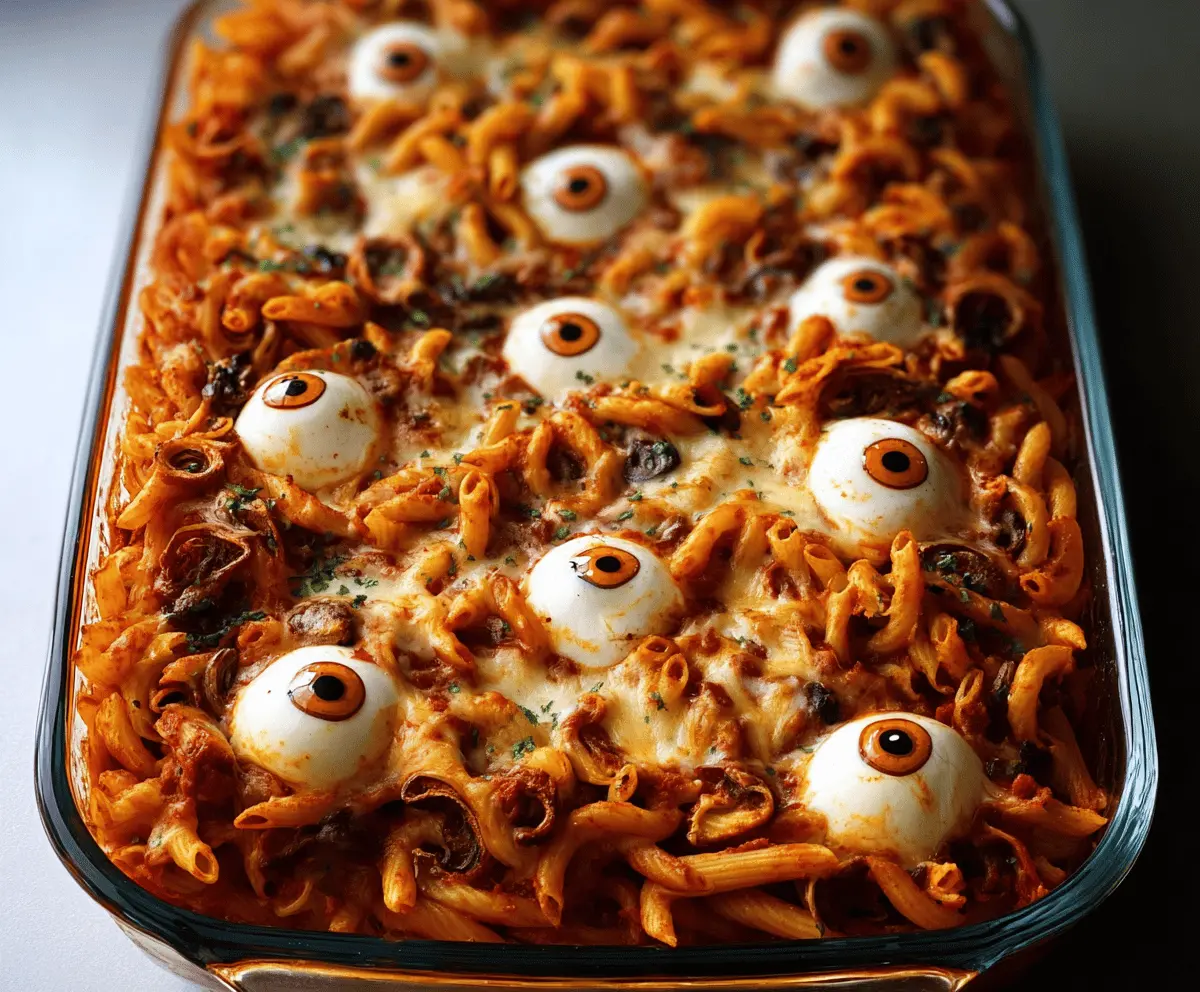 A spooky Eyeball Pasta Bake featuring pasta topped with meatballs resembling eyeballs with red sauce and mozzarella, perfect for Halloween themed meals.