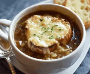 A steaming bowl of classic French Onion Soup topped with melted cheese and toasted baguette slices, garnished with fresh herbs.