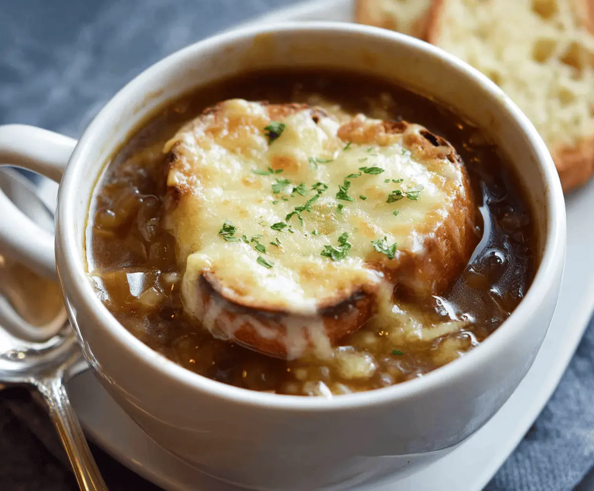 A steaming bowl of classic French Onion Soup topped with melted cheese and toasted baguette slices, garnished with fresh herbs.