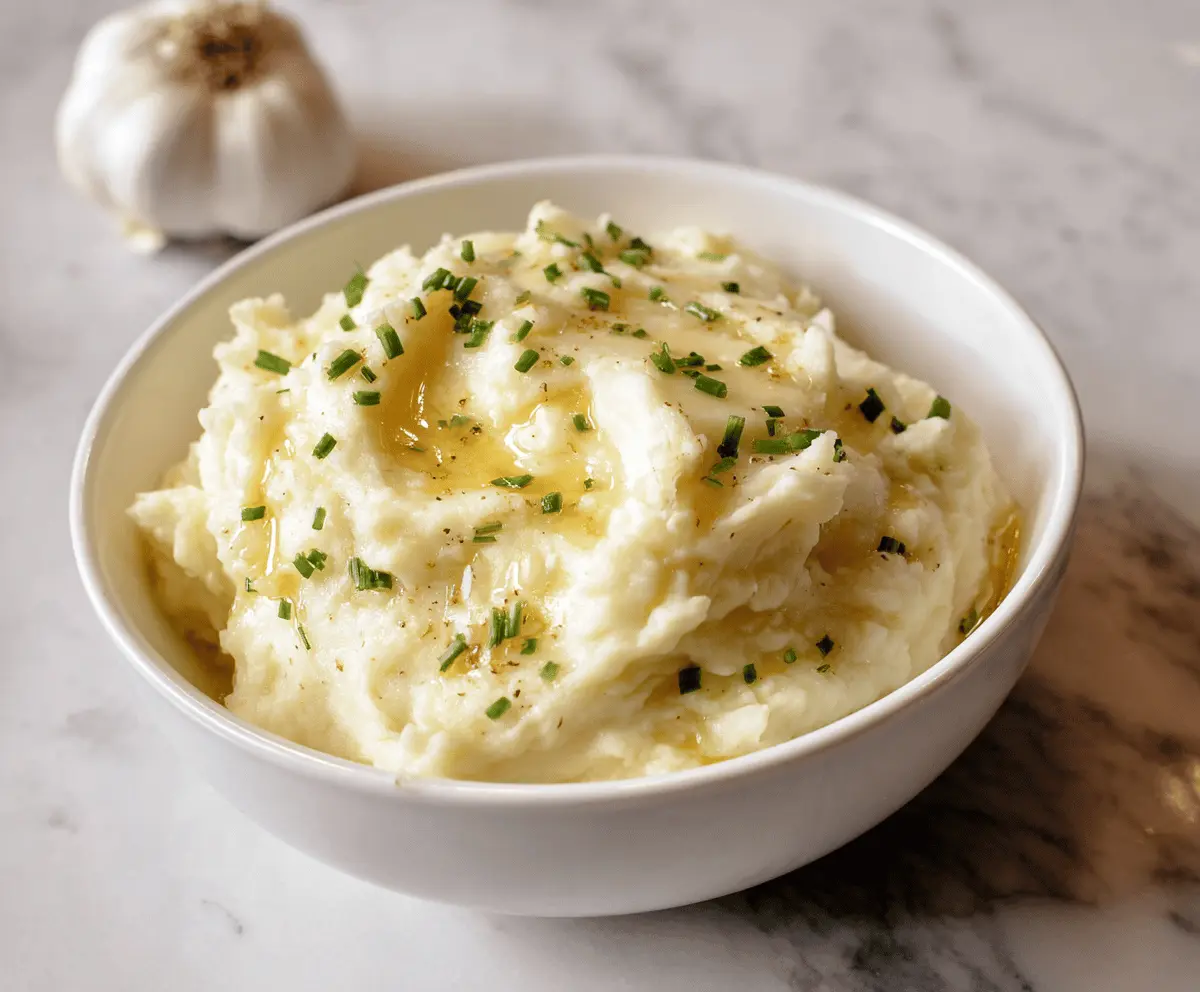 Creamy garlic mashed potatoes served as a delicious side dish.