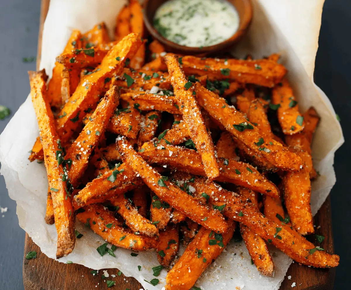Golden garlic sweet potato fries served on a rustic plate, crispy and seasoned with fresh garlic and herbs, perfect for a healthy snack or side dish.