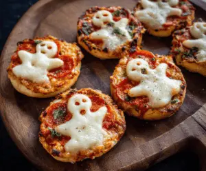 A spooky ghost-shaped pizza bagel topped with melted cheese and pepperoni, perfect for Halloween snacks.