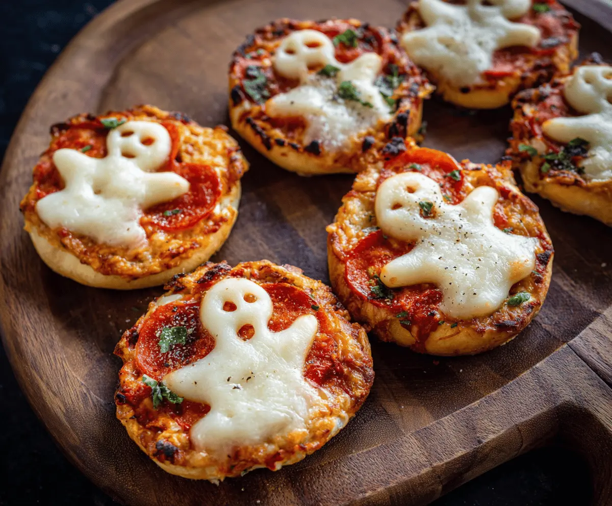 A spooky ghost-shaped pizza bagel topped with melted cheese and pepperoni, perfect for Halloween snacks.