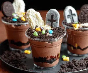 Delicious Graveyard Chocolate Pudding Cups with spooky Halloween decorations, perfect for a festive dessert