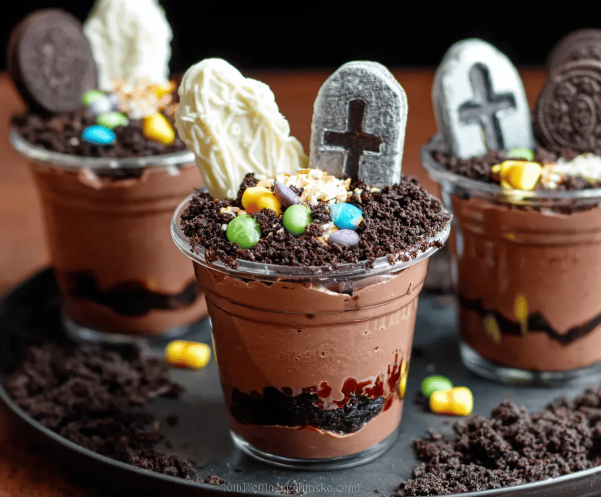 Delicious Graveyard Chocolate Pudding Cups with spooky Halloween decorations, perfect for a festive dessert