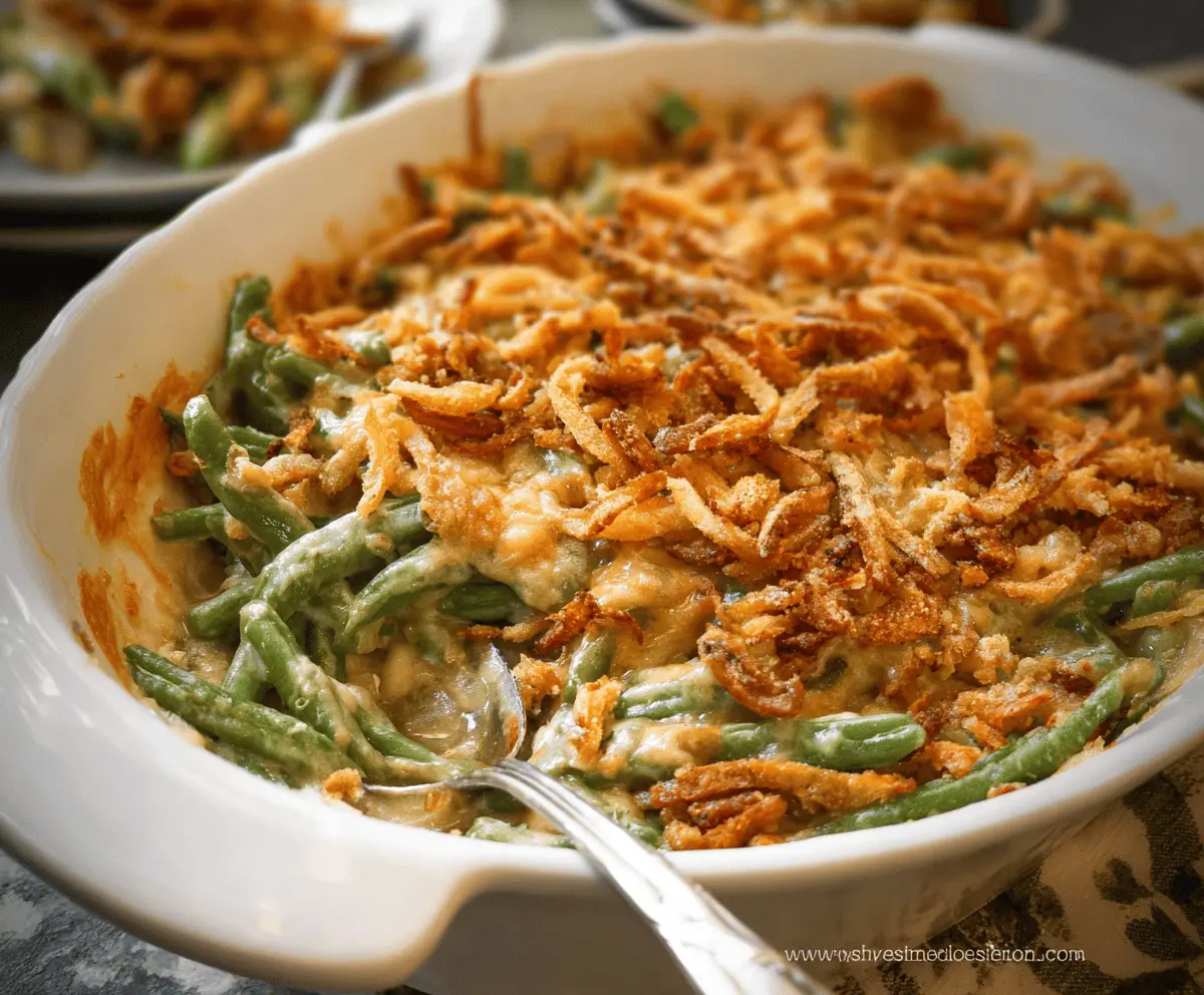 Delicious homemade green bean casserole topped with crispy fried onions, served in a baking dish for a classic holiday side dish.