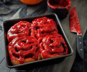 Spooky Halloween Bloody Cinnamon Rolls decorated with red icing to resemble bloody wounds for a festive treat
