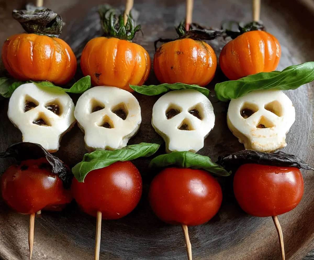 Colorful Halloween Caprese Skewers with cherry tomatoes, fresh mozzarella, basil leaves, and spooky decorations for festive appetizers